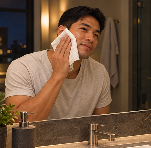 Drying the face after cleansing