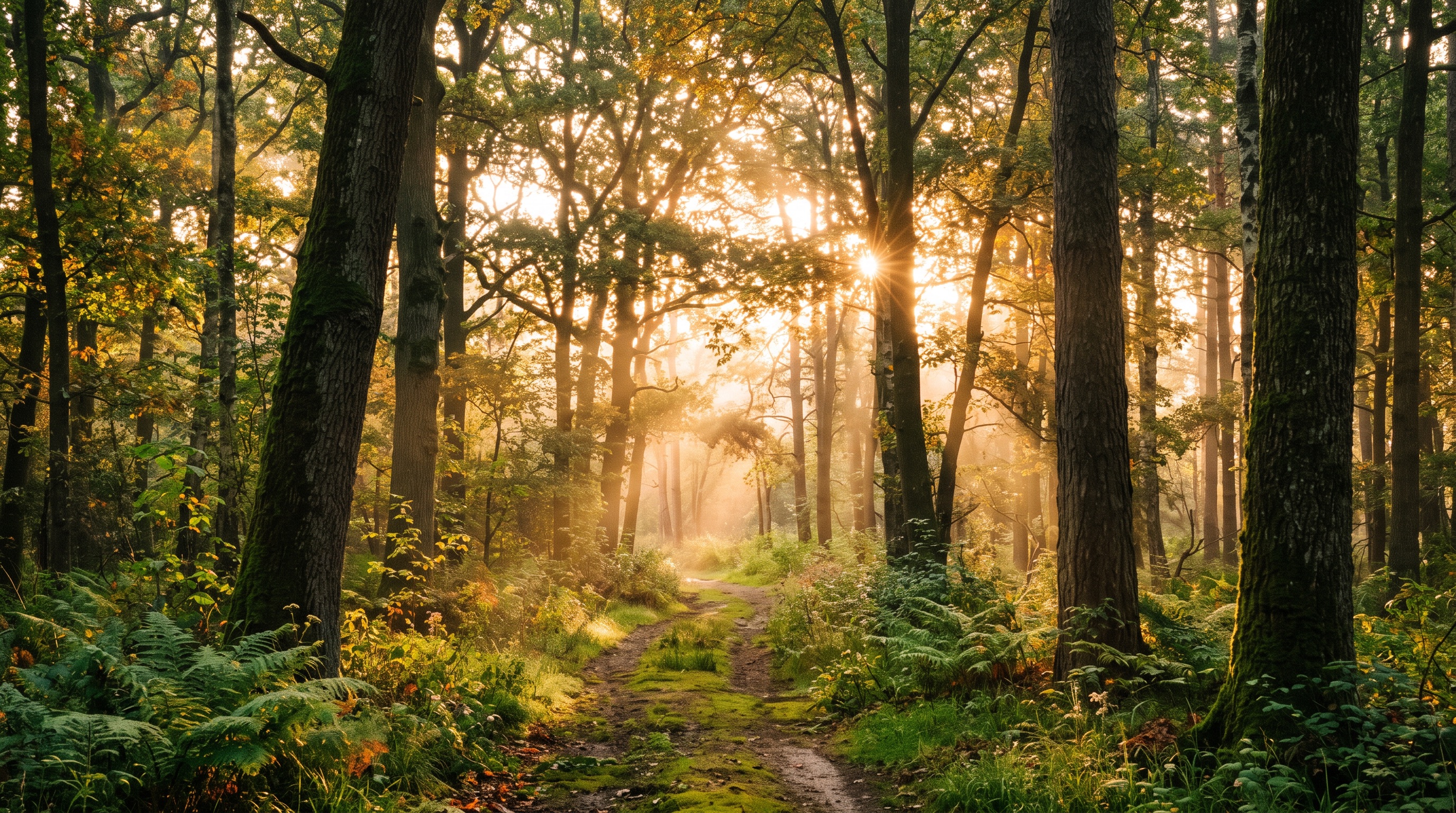 Sunlight filtering through a green forest